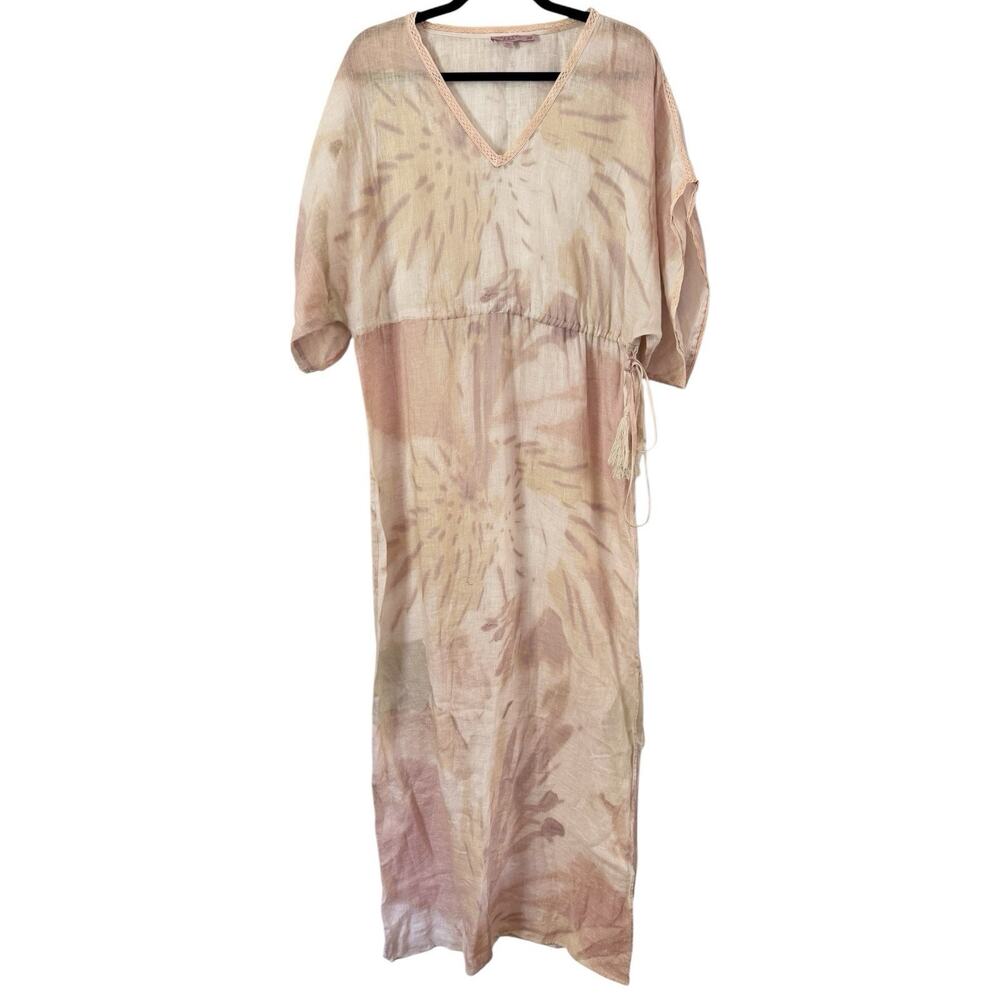 Calypso St Barth Marbled Tie Dye Linen Maxi Kimono Cover Up Dress Side Slit XS
